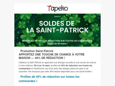 🍀 Offre de la Saint-Patrick : 45 % de réduction sur toutes les commandes !