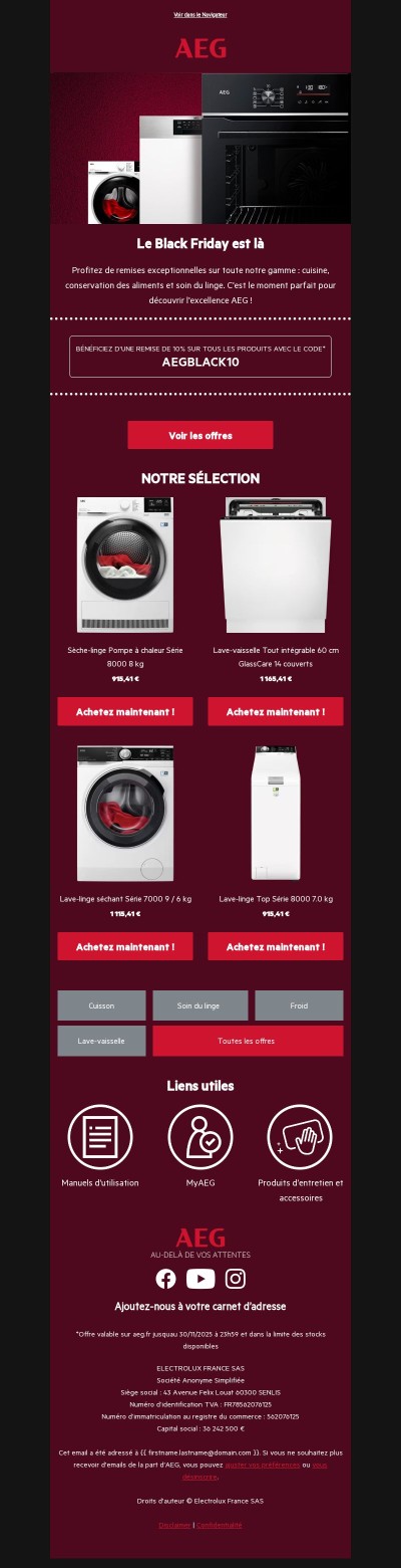 BLACK FRIDAY AEG est enfin là, profitez de 10% de remise 