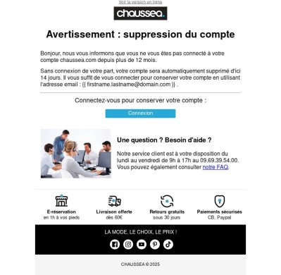 Avertissement : votre compte va être supprimé {{ firstname }}