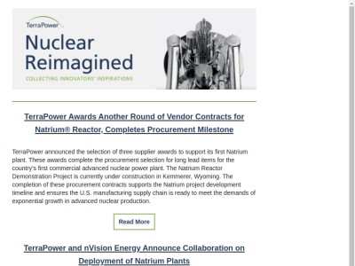 TerraPower Completes Procurement Milestone with Awards for Vendor Contracts for Natrium® Reactor, Announces Collaboration with nVision Energy