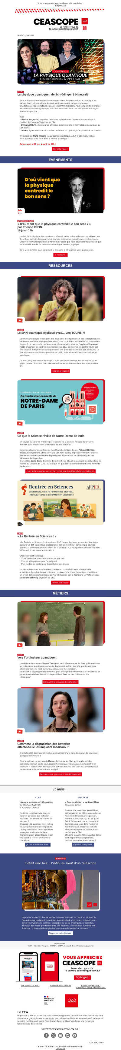 [CEASCOPE] : La physique quantique : de Schrödinger à Minecraft ; « D’où vient que la physique contredit le bon sens ? » par Etienne KLEIN ; « La Rentrée en Sciences ! » ; Le SPIN quantique expliqué avec... une TOUPIE ?!