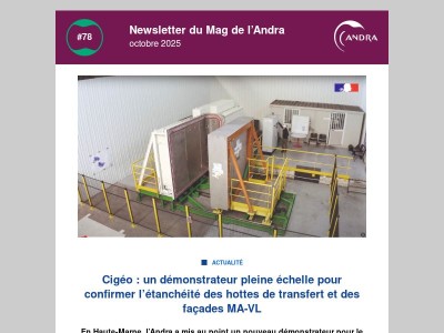 Newsletter du Mag de l’Andra - Cigéo : un démonstrateur pleine échelle pour confirmer l’étanchéité des hottes de transfert et des façades MA-VL