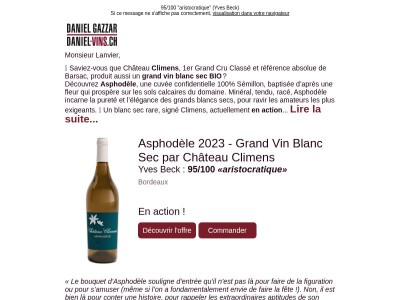 95/100 pour le grand blanc sec BIO du Ch. Climens en action !