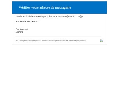 Code de vérification de l'adresse de messagerie du compte Legrand