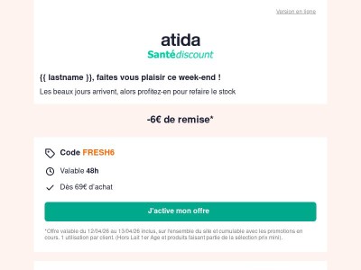 🌸 -6€ dès 69€ ce week-end !