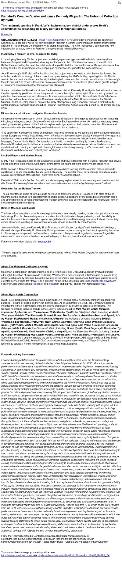 Frankfurt’s Creative Quarter Welcomes Kennedy 89, part of The Unbound Collection by Hyatt