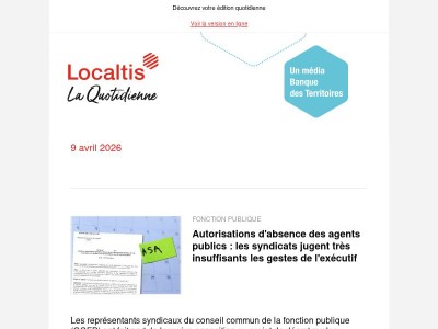 Actualités Localtis du vendredi 10 avril 2026