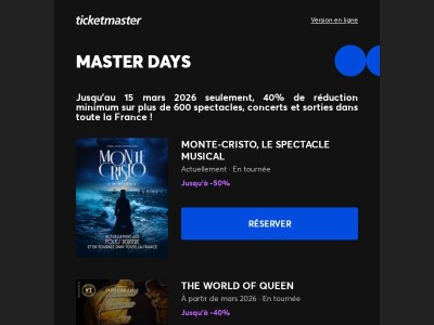 MASTER DAYS | -40% minimum sur plus de 600 spectacles !