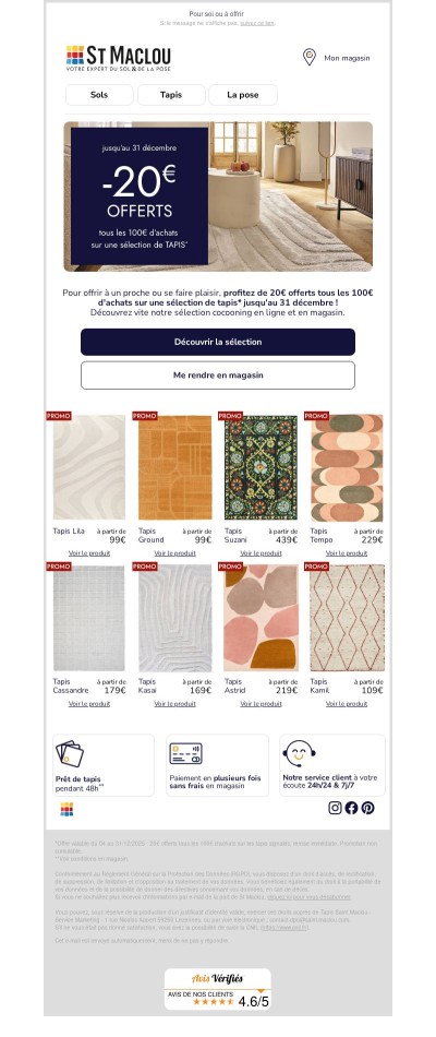 Tapis coups de cœur : 20€ offerts tous les 100€ d'achats* ✨