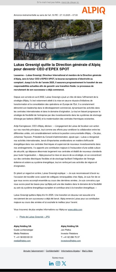 Annonce événementielle : Lukas Gresnigt quitte la Direction générale d’Alpiq pour devenir CEO d’EPEX SPOT