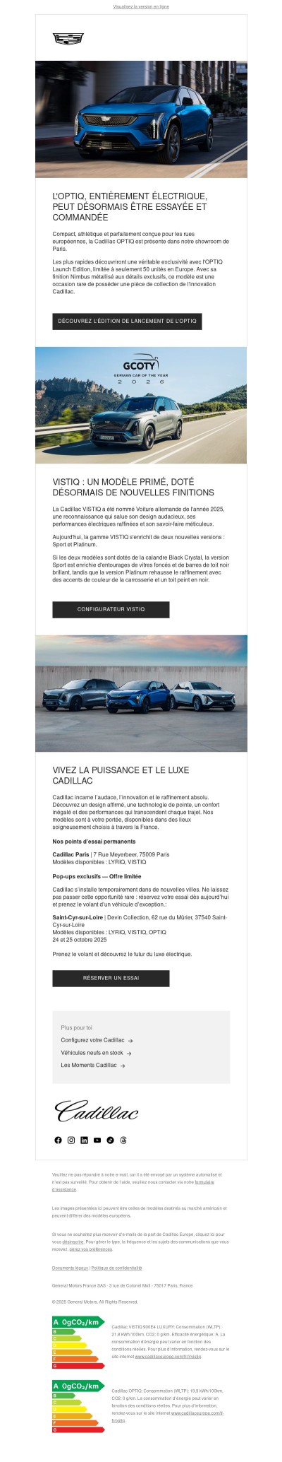  {{ firstname }}, l'attente  est terminée : La Cadillac OPTIQ est désormais disponible en France et vous pouvez l'essayer et la commander — et nos dernières actualités