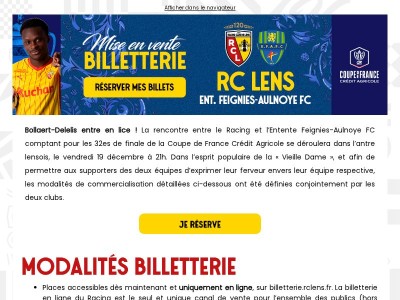 Mise en vente billetterie Coupe de France : RC Lens - Entente Feignies-Aulnoye FC