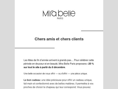 🎁 -20 % sur tout Mira Belle & bon cadeau de Noël