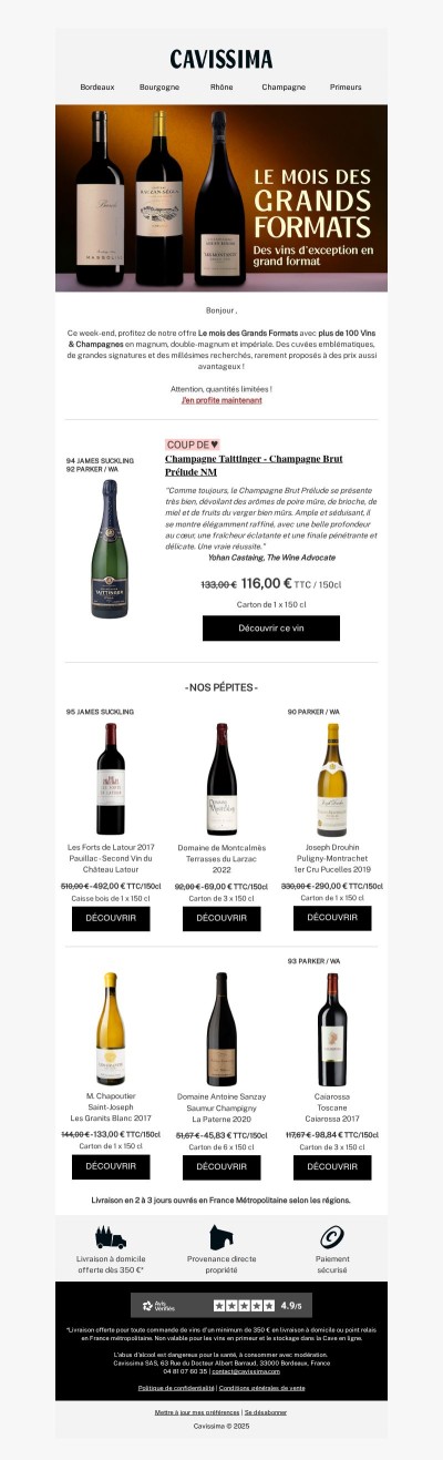 🍷 Le mois des Grands Formats : Taittinger, Forts de Latour, Joseph Drouhin, Domaine de Montcalmès, Chapoutier, Sanzey et Caiarossa