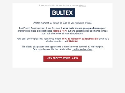 ⚠️ Dernières heures : jusqu’à -45% sur vos nuits Bultex !