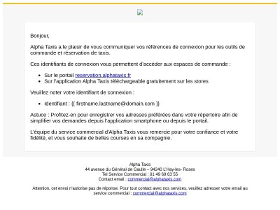 Alpha Taxis - Vos identifiants de connexion aux outils de commande en ligne