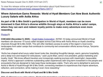 Where Adventure Earns Rewards: World of Hyatt Members Can Now Book Authentic Luxury Safaris with Asilia Africa