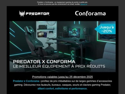 Préparez Noël dès maintenant : jusqu'à -20% sur les chaises et bureaux gaming Predator x Conforama