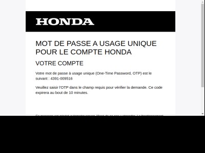 MOT DE PASSE TEMPORAIRE POUR VOTRE COMPTE HONDA