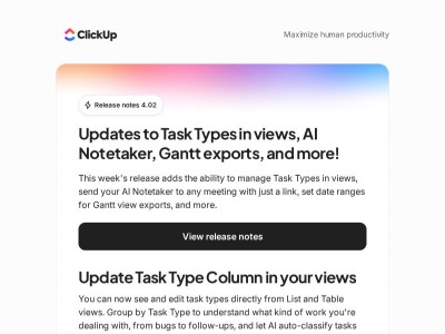 Release Notes 4.02: Updates to Task Types in views, AI Notetaker, Gantt exports, and more