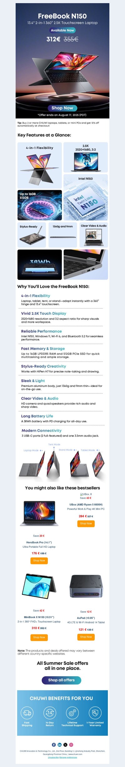 🎉 Save Big on CHUWI FreeBook N150 – 13.4" 2-in-1 with 2.5K Touchscreen!