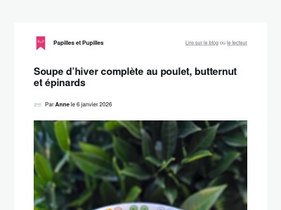 Soupe d’hiver complète au poulet, butternut et épinards