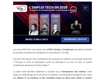 Participez au prochain ENI Talks : L'emploi tech en 2026 - IA, salaires et nouveaux profils, ce qui change vraiment