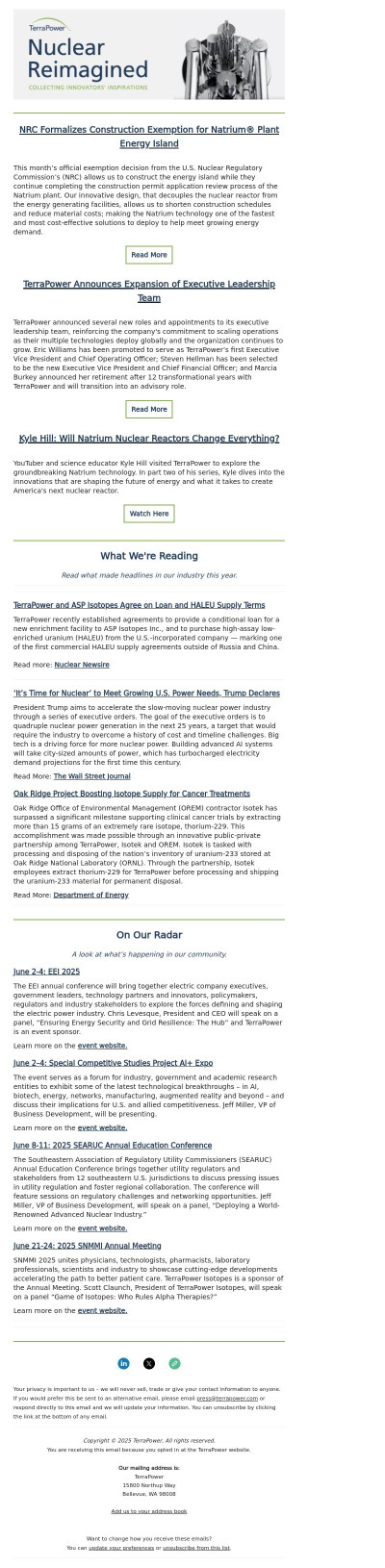 NRC Formalizes Construction Exemption for Natrium® Plant Energy Island and TerraPower Expands Executive Leadership Team