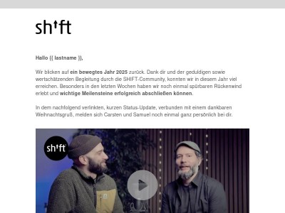 Frohe Weihnachten, liebe SHIFT-Community! In dieser Mail warten schöne Neuigkeiten auf dich.