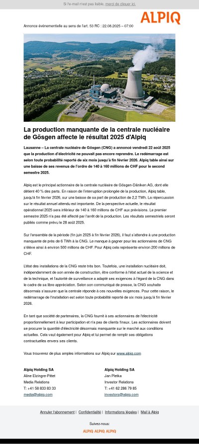 Annonce événementielle : La production manquante de la centrale nucléaire de Gösgen affecte le résultat 2025 d'Alpiq