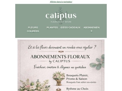 Une idée cadeau durable et originale, qui fait plaisir encore et encore, tout au long de l’année. Découvrez nos abonnements floraux sur caliptus et laissez la magie des fleurs s’inviter dans le quotidien