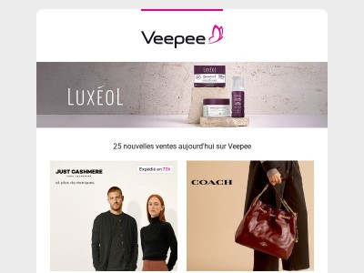 Bonjour {{ lastname }}, aujourd'hui Just Cashmere, Coach, Aubade et 22 autres ventes sur Veepee