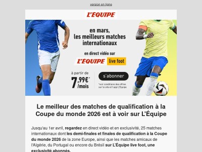 Italie, Algérie, Brésil, Portugal en direct sur L'Équipe, une exclusivité abonnés ⚽