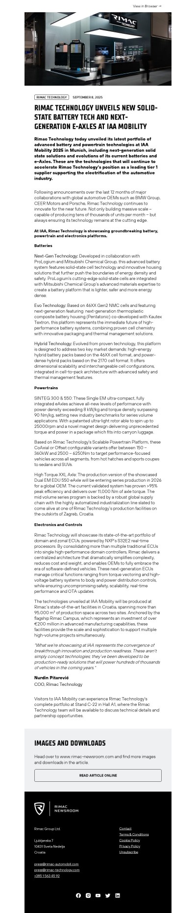 Rimac Technology Unveils New Solid-State Battery Tech and Next-Generation e-Axles at IAA Mobility