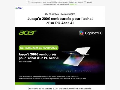 💸 200€ remboursés sur votre PC Acer boosté par l’IA – Offre limitée