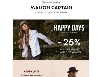 🎉 HAPPY DAYS : -25% sur un article de votre commande* 