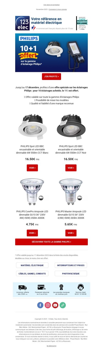 💡 1 éclairage offert dès 10 achetés dans la gamme Philips