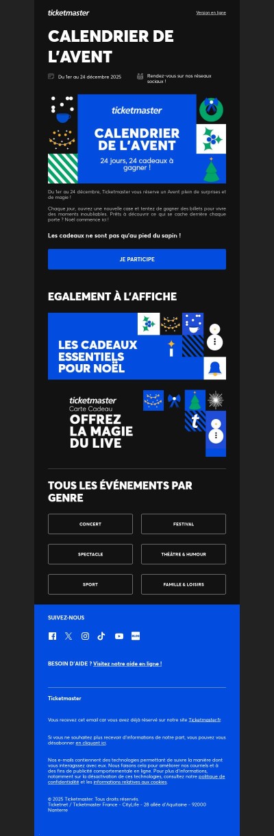 Calendrier de l’Avent Ticketmaster : un cadeau chaque jour jusqu’à Noël !