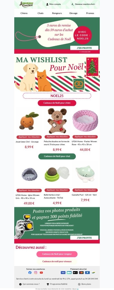 Cadeau de Noël : -5€ dès 59€ sur tout pour vos animaux !