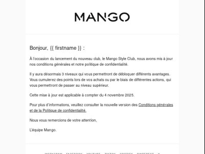 Mise à jour des conditions générales du Mango Style Club
