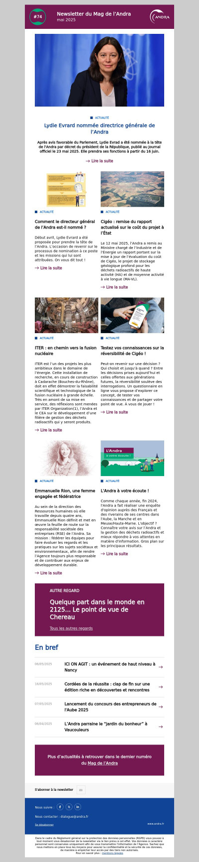 Newsletter de l'Andra - Lydie Evrard nommée directrice générale de l’Andra
