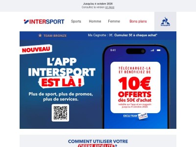 10€ offerts dès 50€ d'achat en téléchargeant l'app INTERSPORT 📲
