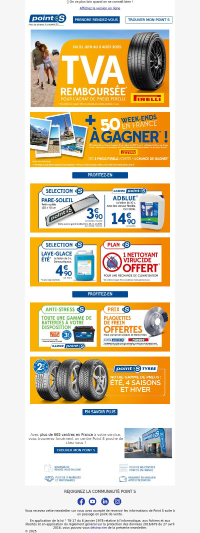 Point S vous rembourse la TVA pour l'achat de pneus Pirelli !