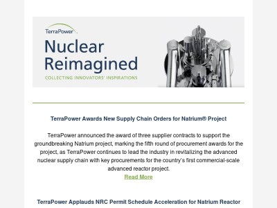TerraPower Awards New Supply Chain Orders for Natrium® Project, and Applauds Accelerated NRC Permit Schedule for Natrium Reactor