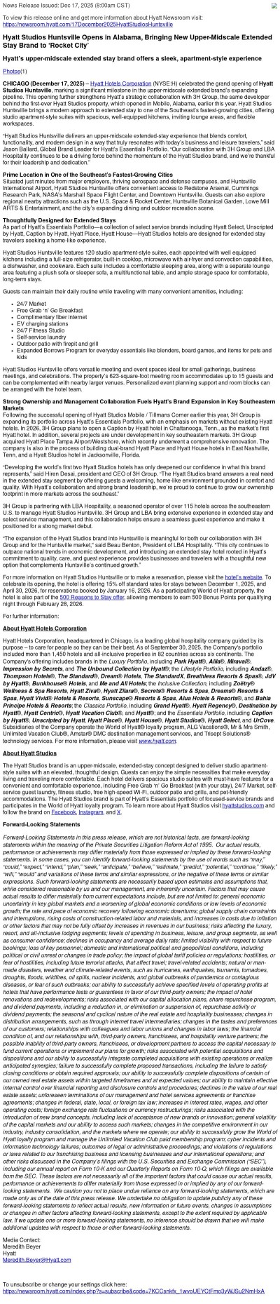 Hyatt Studios Huntsville Opens in Alabama, Bringing New Upper-Midscale Extended Stay Brand to ‘Rocket City’