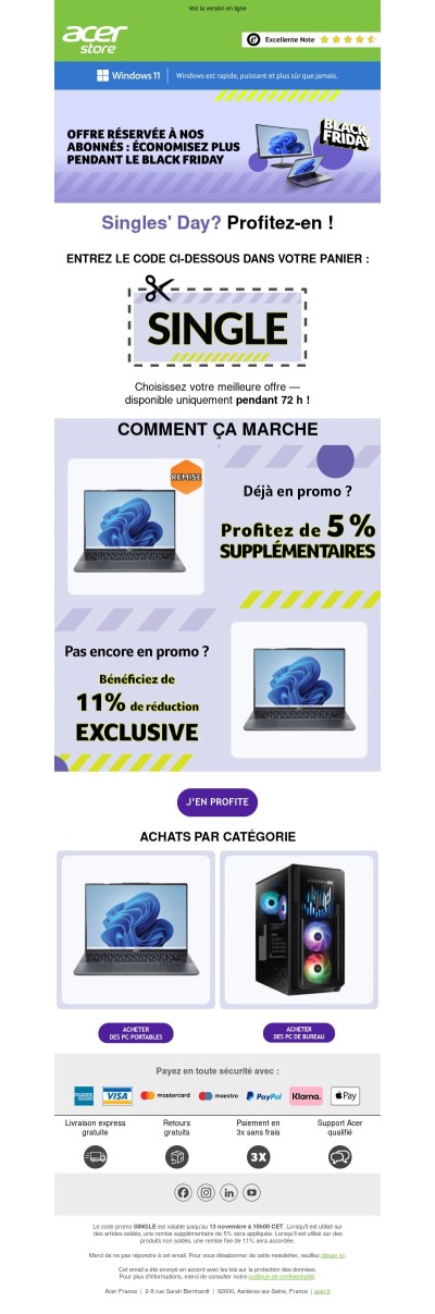 Bonus spécial Single’s Day : 5 % supplémentaires ou 11 % de réduction sur les offres Black Friday