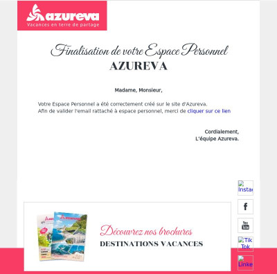 Confirmation de la création de votre Espace Personnel Azureva