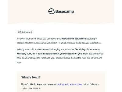 Your inactive Basecamp 4 account will be canceled soon