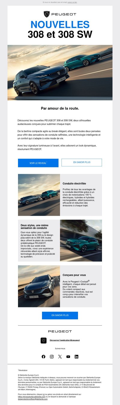 Nouvelles PEUGEOT 308 et 308 SW. Par amour de la route.