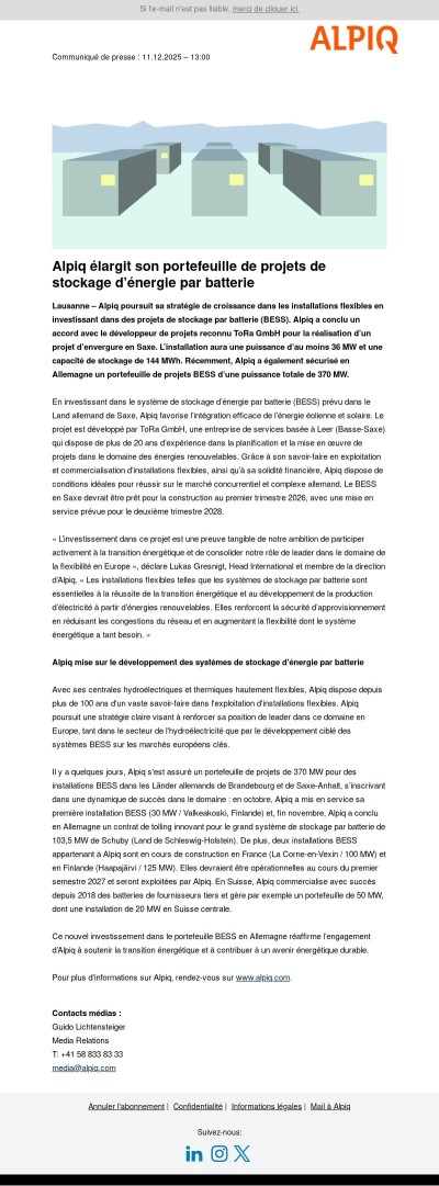 Communiqué de presse : Alpiq élargit son portefeuille de projets de stockage d’énergie par batterie